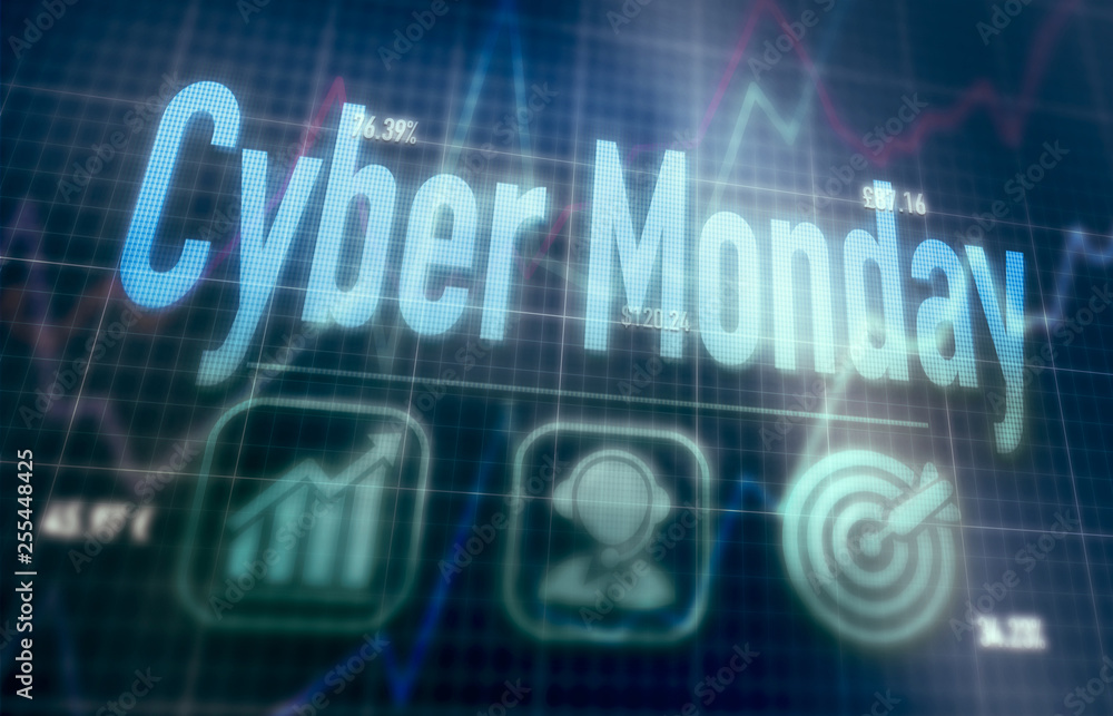 Cyber Monday concept on a blue dot matrix computer display. Cyber Monday concept on a blue dot matrix computer display.