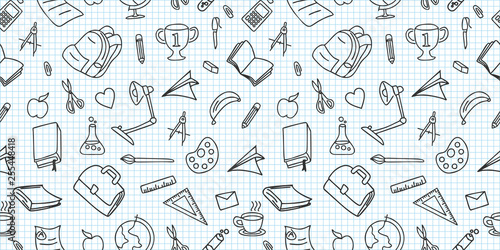 Seamless colored back to school pattern with supplies stationary and creative elements doodle drawing. Creative cute vector illustration black and white colors background.