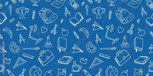 Seamless colored back to school pattern with supplies stationary and creative elements doodle drawing. Trendy cute vector illustration line background.
