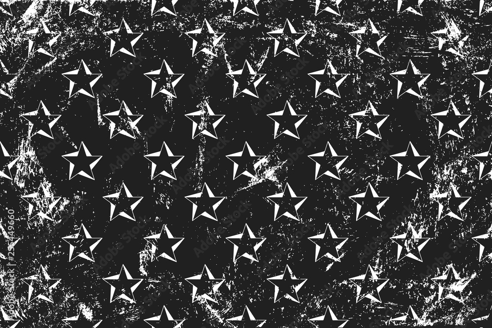 Grunge pattern with stars spin. Horizontal black and white backdrop.