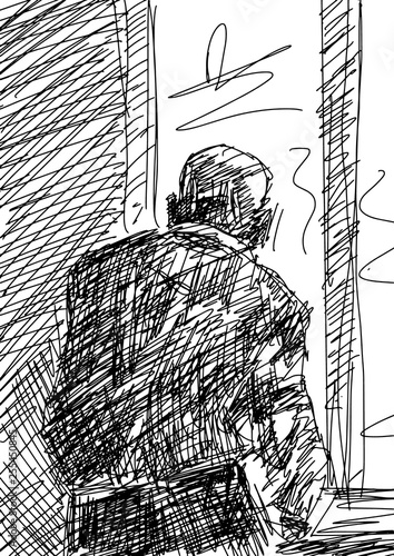 Retired person looks out the window. Silhouette of a lonely old man in the room. View from the back. Black pencil sketching. Vector line art.