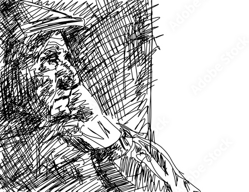 Oldster in a cap looks out the window. Portrait of a lonely old man. Pencil sketching. Academic drawing. Black and white illustration. Vector.