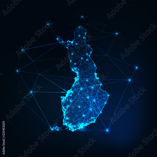 Finland map glowing silhouette outline made of stars lines dots triangles, low polygonal shapes.