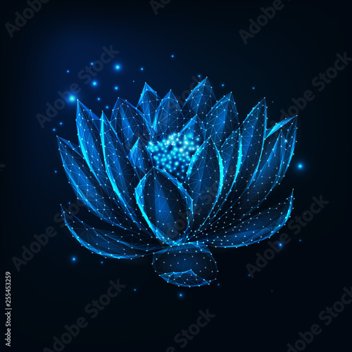 Beautiful glowing low polygonal floating waterlily, lotus flower with stars on dark blue background.