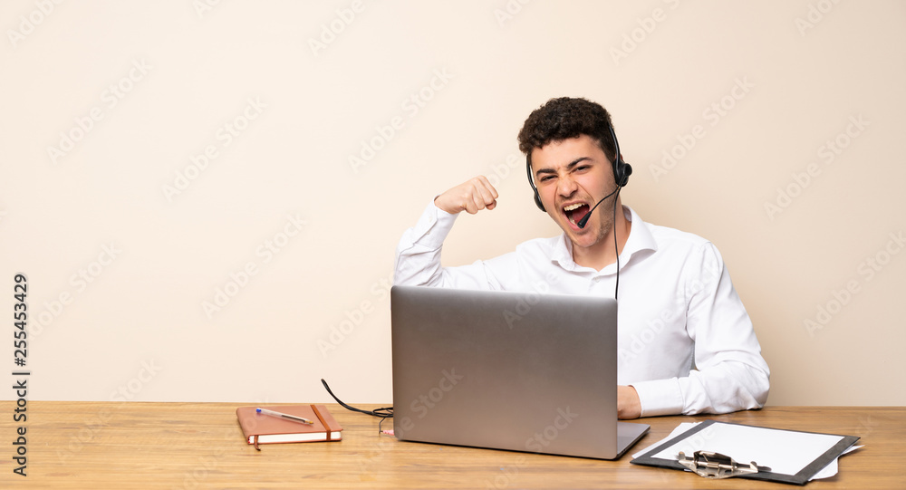 Telemarketer man doing strong gesture Telemarketer man doing strong gesture