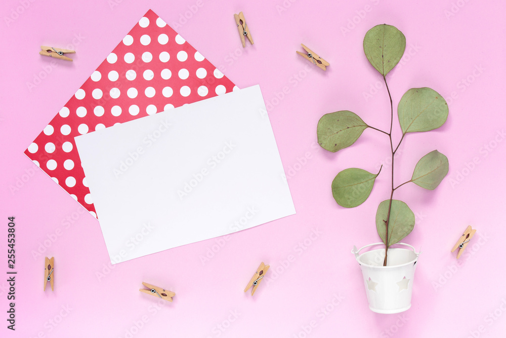 Top view on A sprig with leaves in a white bucket with a white greeting card on a plain pink background with an area for text.