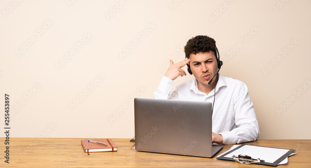Telemarketer man with problems making suicide gesture Telemarketer man with problems making suicide gesture