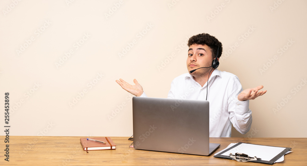 Telemarketer man making doubts gesture Telemarketer man making doubts gesture