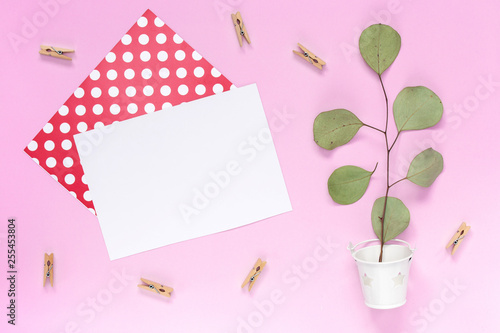 Top view on A sprig with leaves in a white bucket with a white greeting card on a plain pink background with an area for text. © lunarts_studio