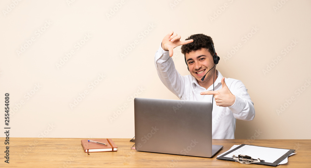 Telemarketer man focusing face. Framing symbol Telemarketer man focusing face. Framing symbol