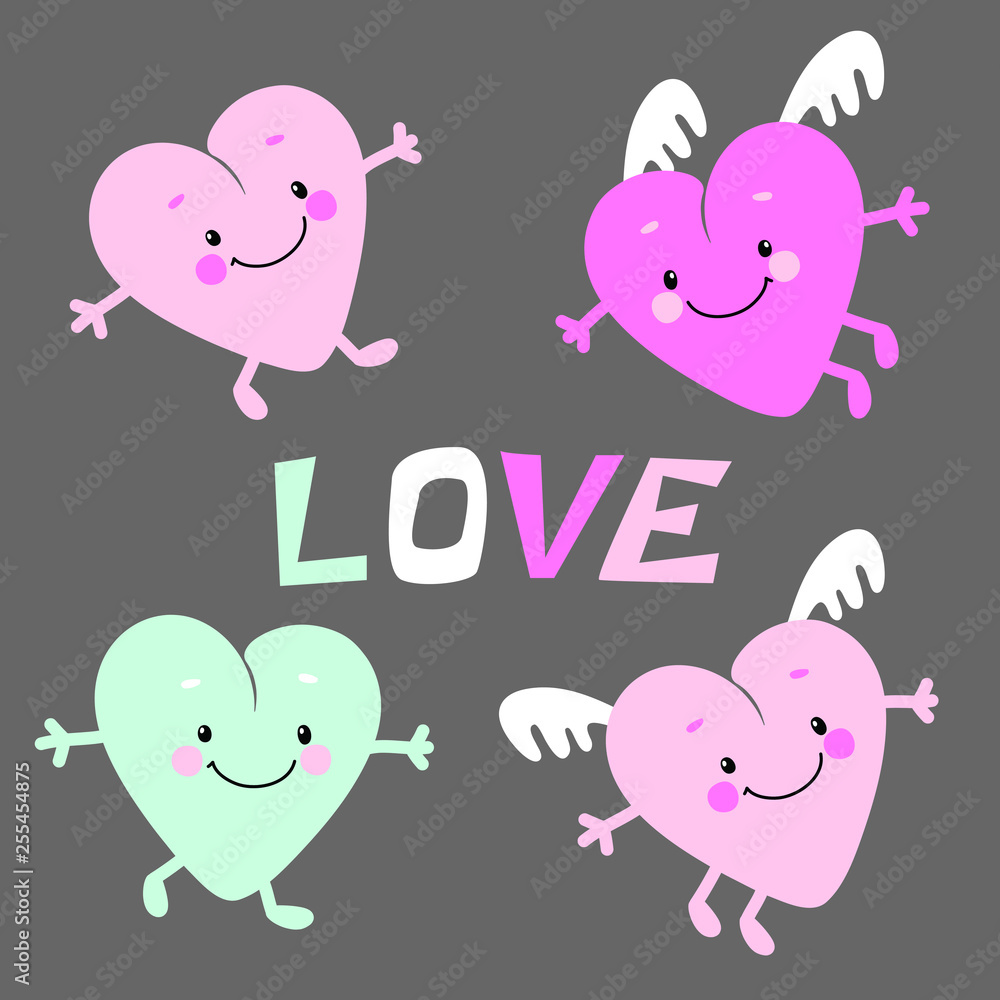 Cute set of vector drawings of pink and blue hearts with an inscription love. Cute set of vector drawings of pink and blue hearts with an inscription love.