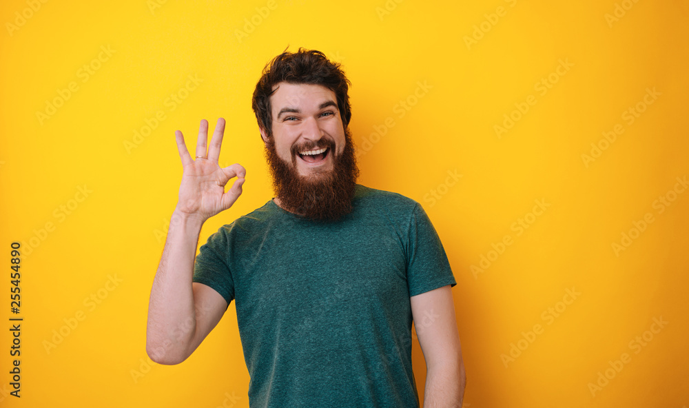 A handsome bearded man in tshirt isolated on yellow background showing ok sign, smiling broadly A handsome bearded man in tshirt isolated on yellow background showing ok sign, smiling broadly