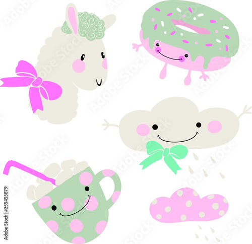Cute set of vector drawings of alpaca, cup, cloud, donut, on a white background. kawai characters