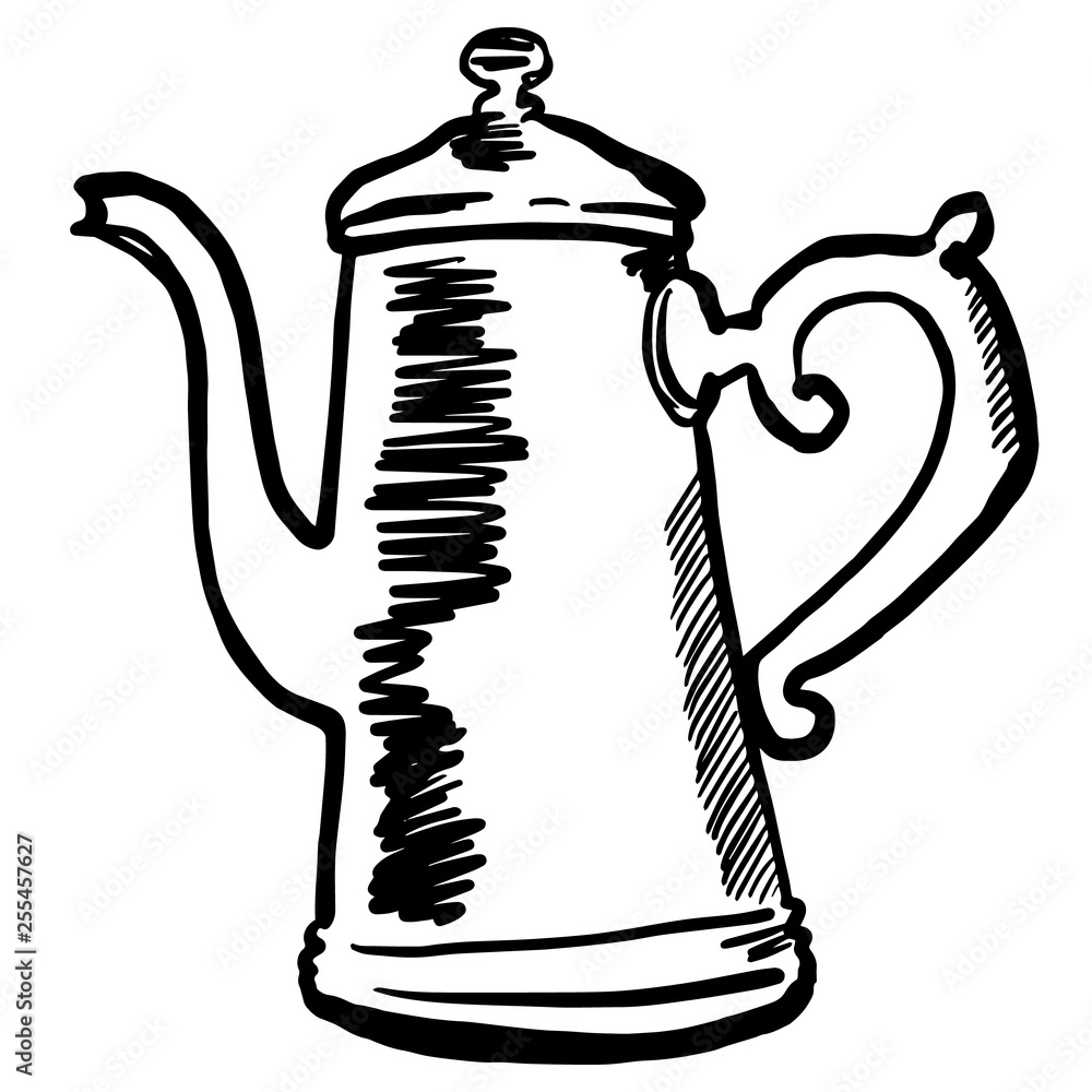 Teapot cartoon illustration. Kitchen object, cafe, restaurant. Teatime, 5  o'clock. Sketch for design, menu, web, stickers. Kettle retro style drawing.  Stock Vector | Adobe Stock