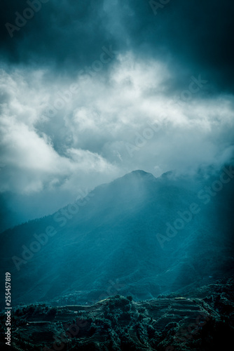Mystical nature - sun rays braking through the cloud, Hoang Lien Son Mountains, north Vietnam