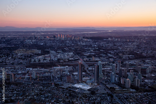 Aerial view of Residential Buildings and Construction Sites around Brentwood Mall. Taken in Burnaby, Greater Vancouver, BC, Canada.