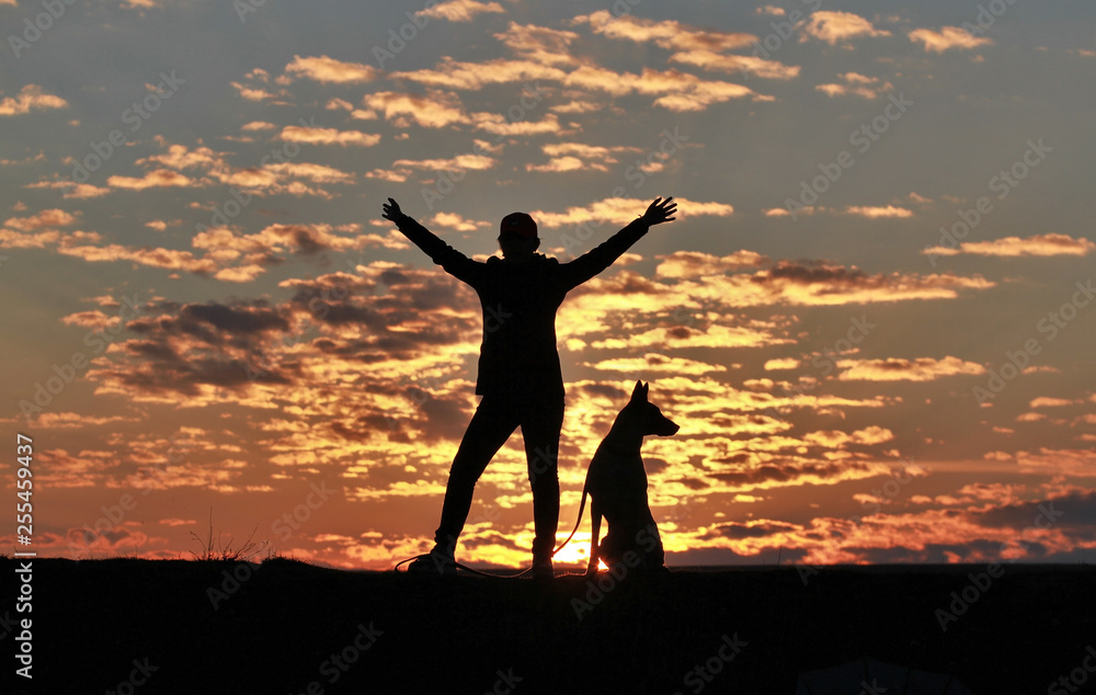 Silhouette of a girl and dogs against the backdrop of an incredible sunset, sky and clouds. Belgian Shepherd Malinois