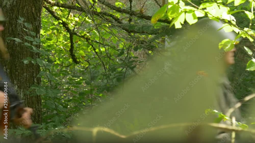 Soldiers walk through a wilderness forest Soldiers walk through a wilderness forest