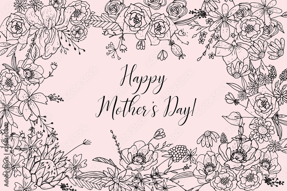 Mother's Day Greeting Card Template. Happy Mothers Day Formulation Of A Sketch Line Flowers Hand Drawn Black Color. Decorative Doodle Frame Of Flowers For Coloring. Mother's Day Greeting Card Template. Happy Mothers Day Formulation Of A Sketch Line Flowers Hand Drawn Black Color. Decorative Doodle Frame Of Flowers For Coloring.