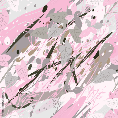 Military camouflage texture with trees, branches, grass and watercolor stains. Vector illustration. Camouflage military background in modern style.