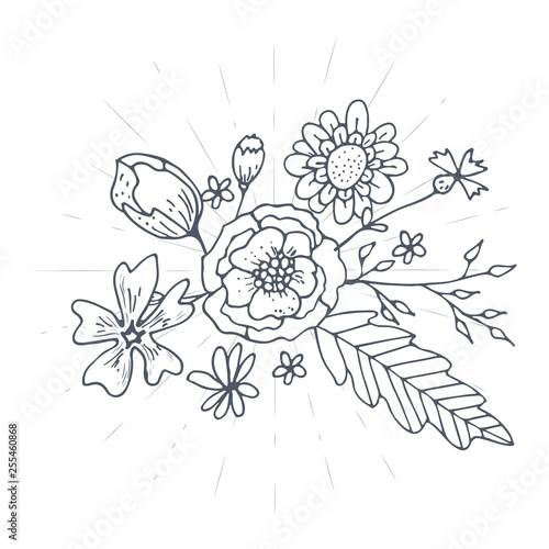 Vector Bouquet Of Hand Drawn Sketches With Plants. Botanical Set Monochrome Image Of Wild Of Sketch Flowers And Branches. Black And White Collection Elements For Coloring.