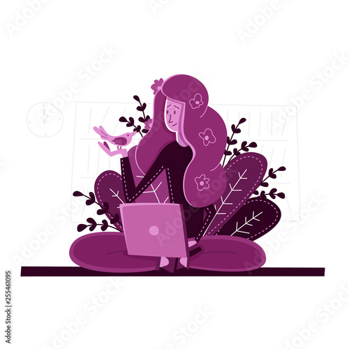 Vector flat young girl rejoices good work laptop.