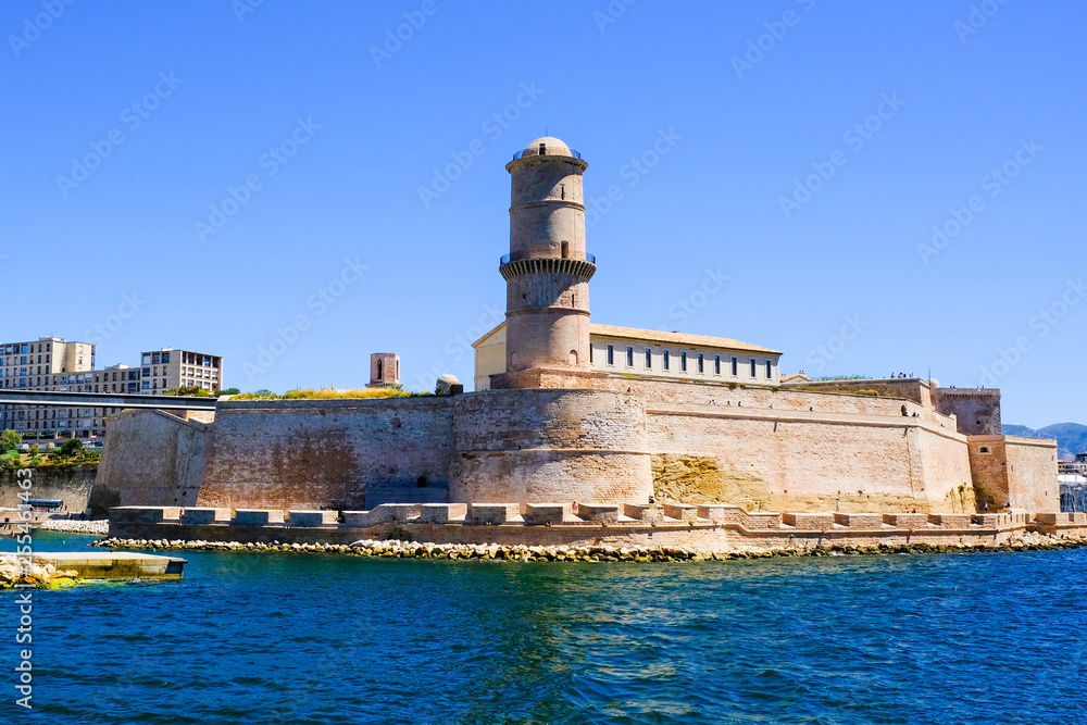 Marseille. Fortification Fort Saint-Jean in sunny day, view from Old port  of Marseille. Stock Photo | Adobe Stock