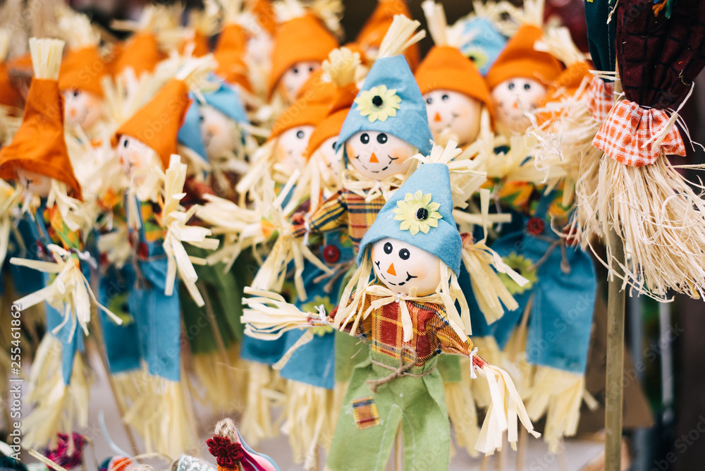 traditional Russian stuffed on pancake week. Straw effigy for the traditional Slavic holiday - Maslenitsa. Homemade dolls stuffed for children