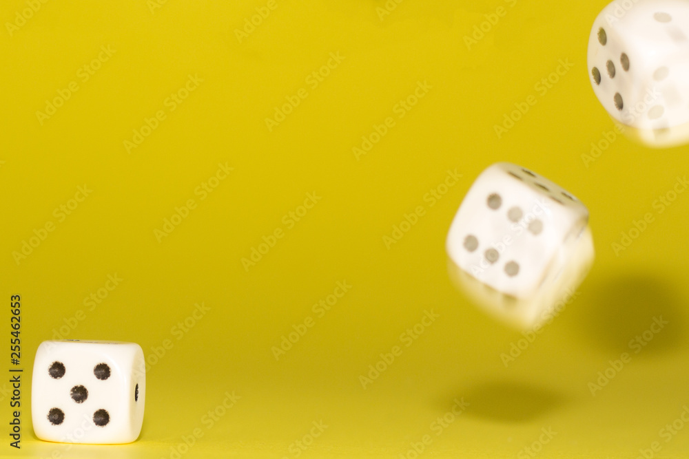 White gaming dices on pink background. victory chance, lucky. Flat lay, place for text. Top view. Close-up. Concept gamble. spectacular pastel White gaming dices on pink background. victory chance, lucky. Flat lay, place for text. Top view. Close-up. Concept gamble. spectacular pastel