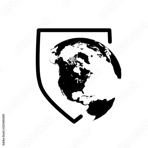 Illustration of ashield icon with a world globe, Vector illustration isolated on white background. photo