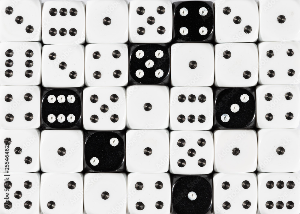 Background of random ordered white dices with six black cubes