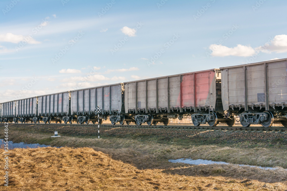the locomotive and a lot of freight cars are traveling by rail, freight train on rails in the steppe the locomotive and a lot of freight cars are traveling by rail, freight train on rails in the steppe