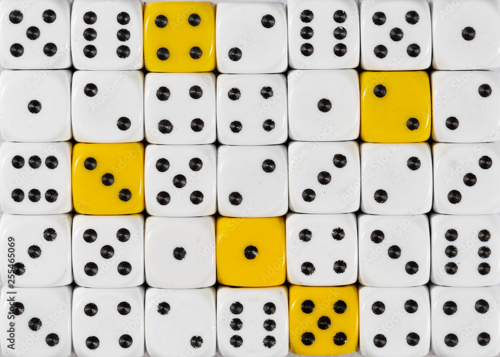 Background of random ordered white dices with five yellow cubes Background of random ordered white dices with five yellow cubes