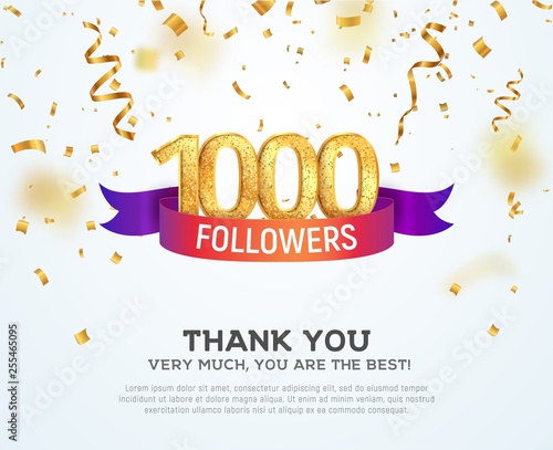 Celebrating 1000 followers with color bright ribbon. Greeting 1000th subscribers vector illustration