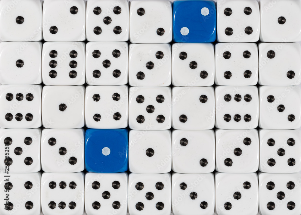 Background of random ordered white dices with two blue cubes Background of random ordered white dices with two blue cubes