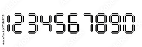 Black digital numbers. Seven-segment display is used in calculators, digital clocks or electronic meters. Vector illustration