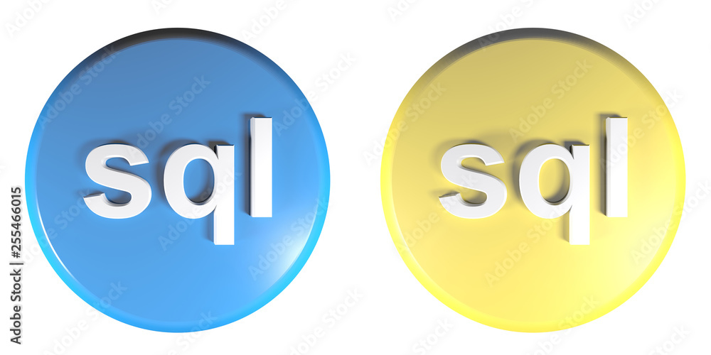 sql blue and yellow circle push buttons - 3D rendering illustration sql blue and yellow circle push buttons - 3D rendering illustration