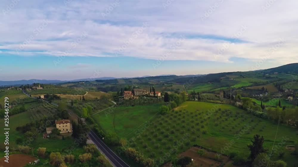 SAN GIMIGIANO, ITALY-APRIL 2017. Aerial view of nature landscape beautiful hills forests fields and vineyards Tuscany, Italy SAN GIMIGIANO, ITALY-APRIL 2017. Aerial view of nature landscape beautiful hills forests fields and vineyards Tuscany, Italy