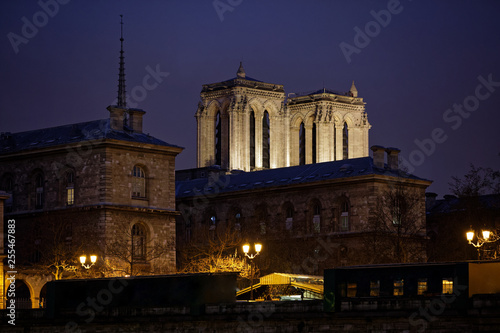 Paris, France - January 26, 2019: Towers of Notre Dame de Paris behind flowers market by night