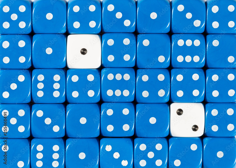 Background of random ordered blue dices with two white cubes Background of random ordered blue dices with two white cubes