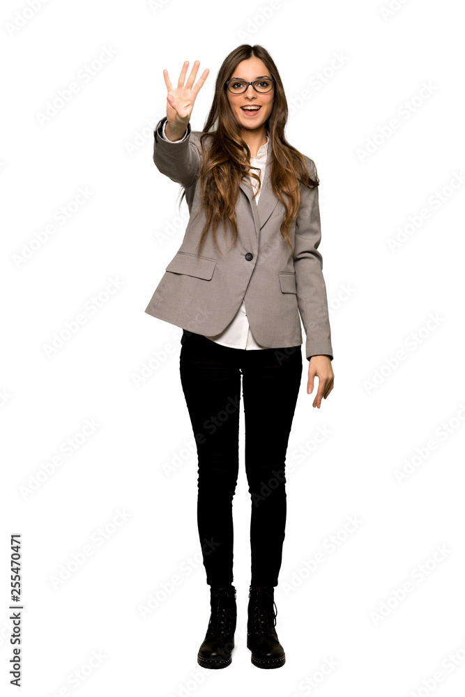 Full-length shot of Business woman happy and counting four with fingers on isolated white background Full-length shot of Business woman happy and counting four with fingers on isolated white background