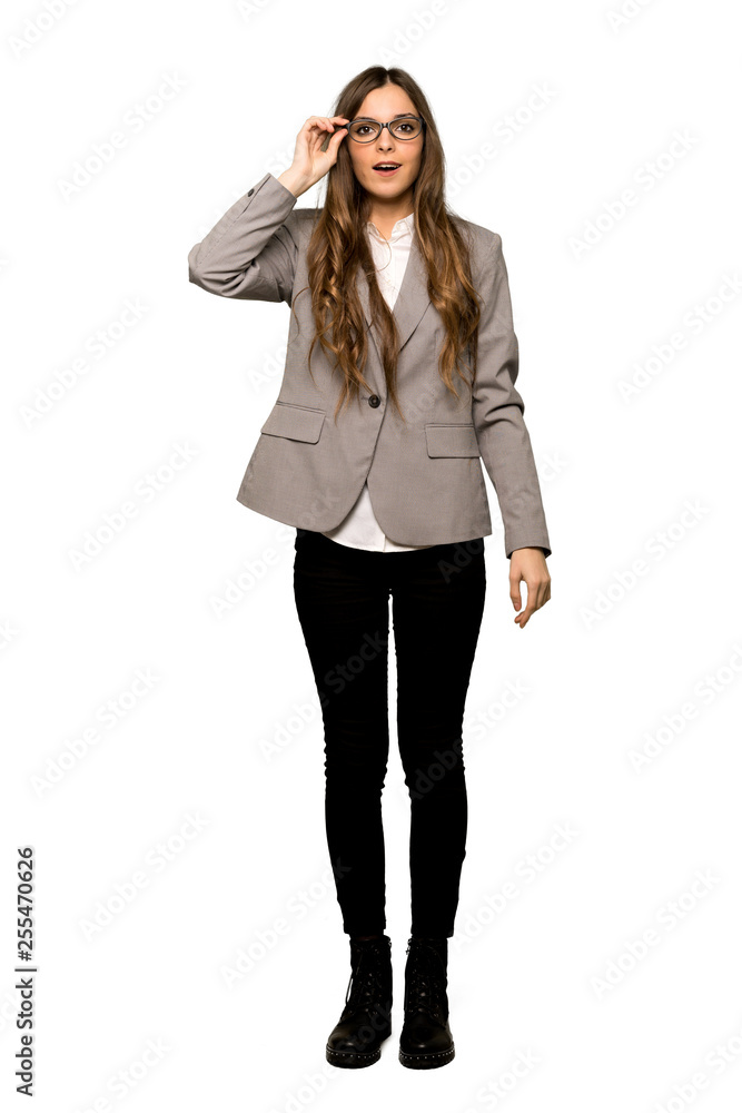 Full-length shot of Business woman with glasses and surprised on isolated white background Full-length shot of Business woman with glasses and surprised on isolated white background