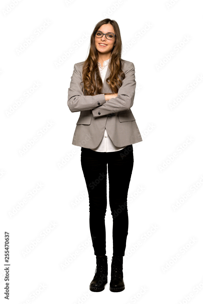 Full-length shot of Business woman with glasses and happy on isolated white background Full-length shot of Business woman with glasses and happy on isolated white background