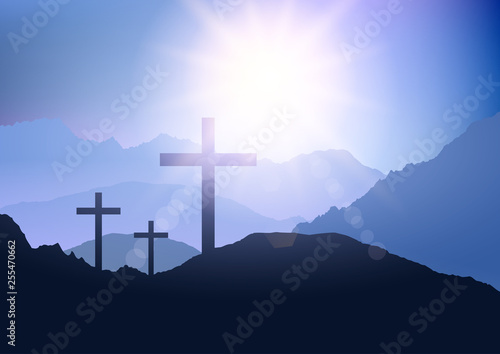 Sunset landscape with cross for easter
