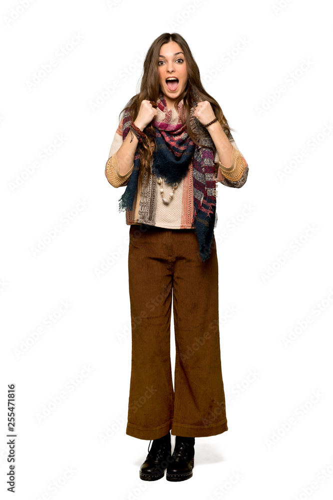 Full-length shot of Young hippie woman frustrated by a bad situation on isolated white background Full-length shot of Young hippie woman frustrated by a bad situation on isolated white background