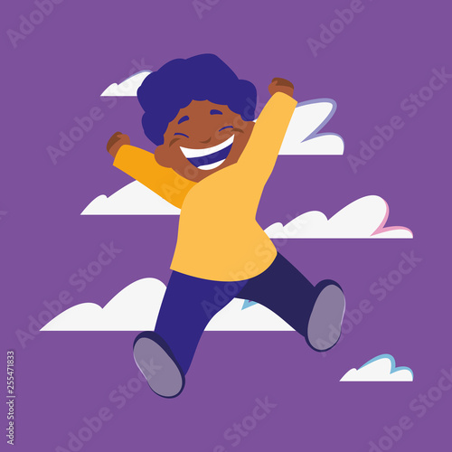 happy boy jumping clouds background