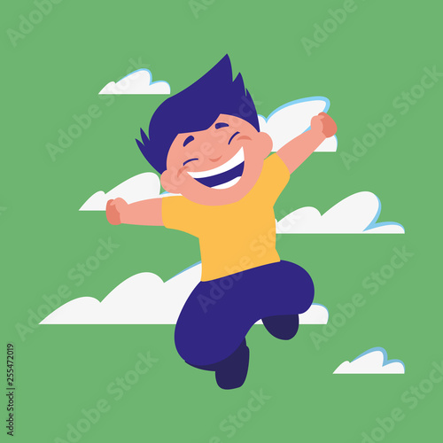 happy boy jumping clouds background