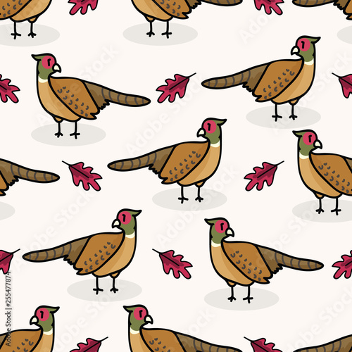 Cute pheasant cartoon seamless vector pattern background. Oak leaf graphic tile. Hand drawn wildlife bird illustration, forest animal for woodland Fashion Prints.