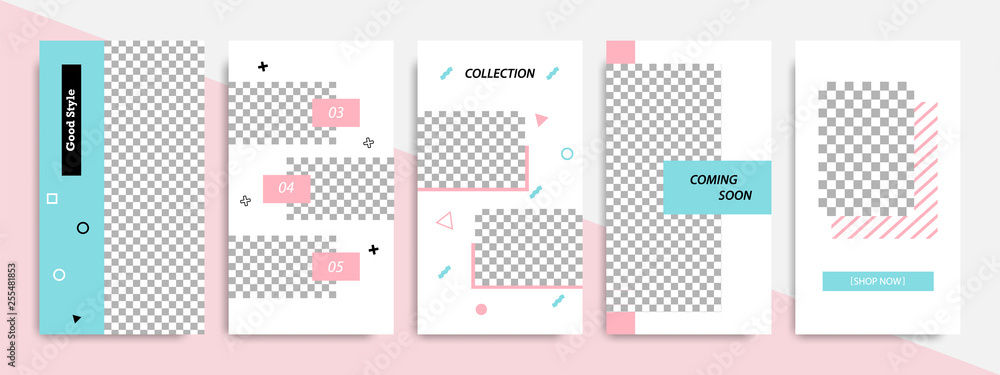 Modern minimal square shape template in pink, blue, turquoise, red and white color with frame. Corporate advertising template for social media stories, story, business banner, flyer, and brochure.