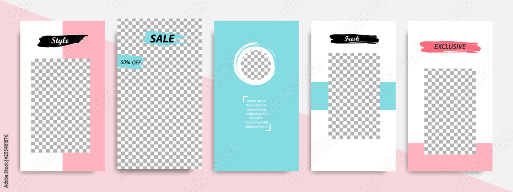 Modern minimal square shape template in pink, blue, turquoise, red and white color with frame. Corporate advertising template for social media stories, story, business banner, flyer, and brochure.